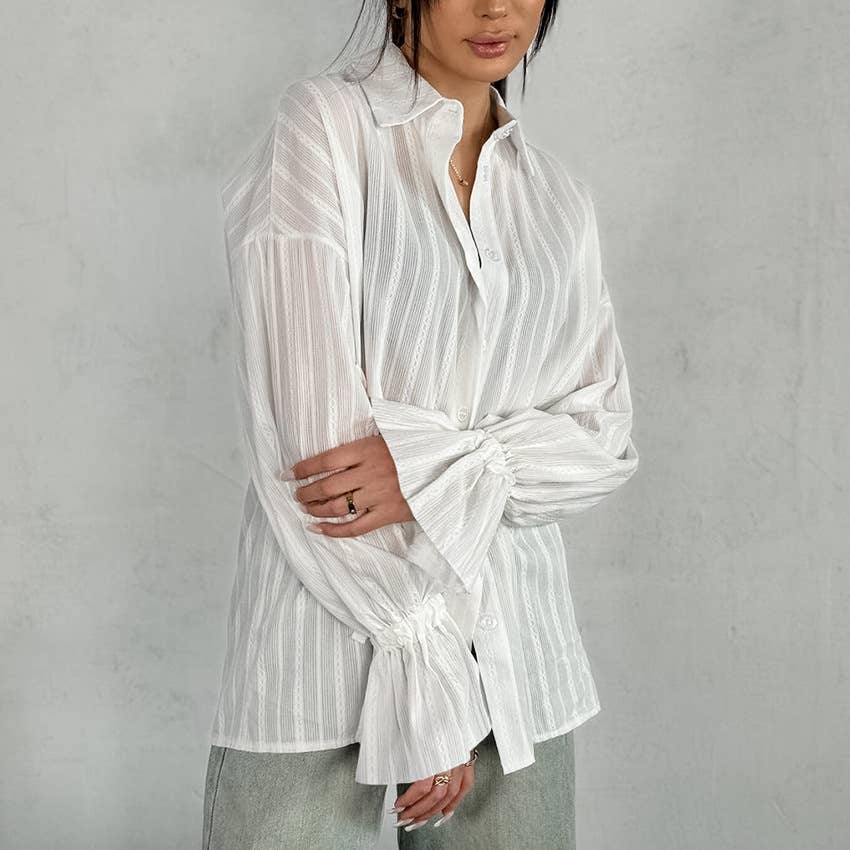 Striped Jacquard Tie Waist Flared Sleeve Shirt
