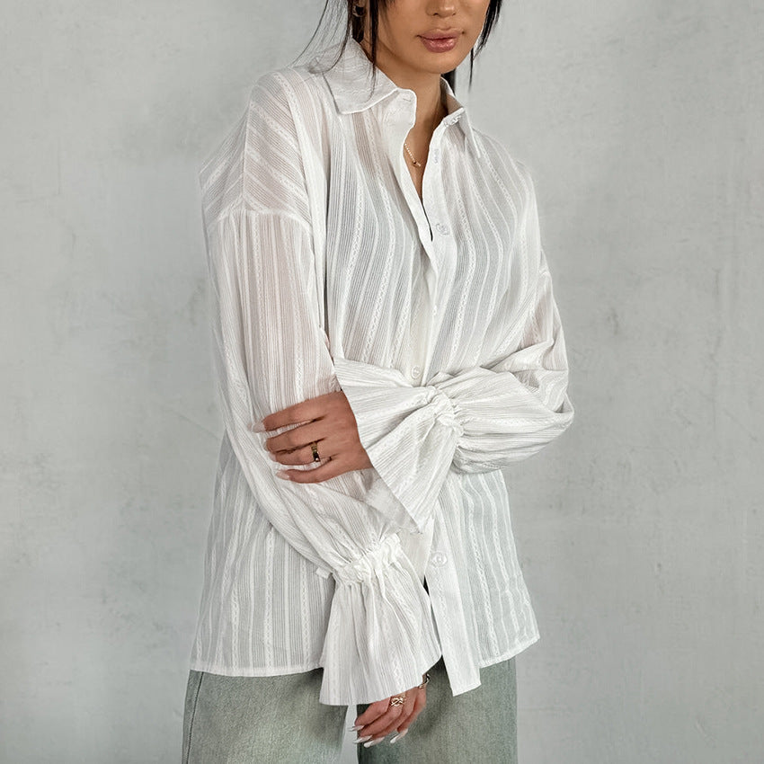 Striped Jacquard Tie Waist Flared Sleeve Shirt - view 1