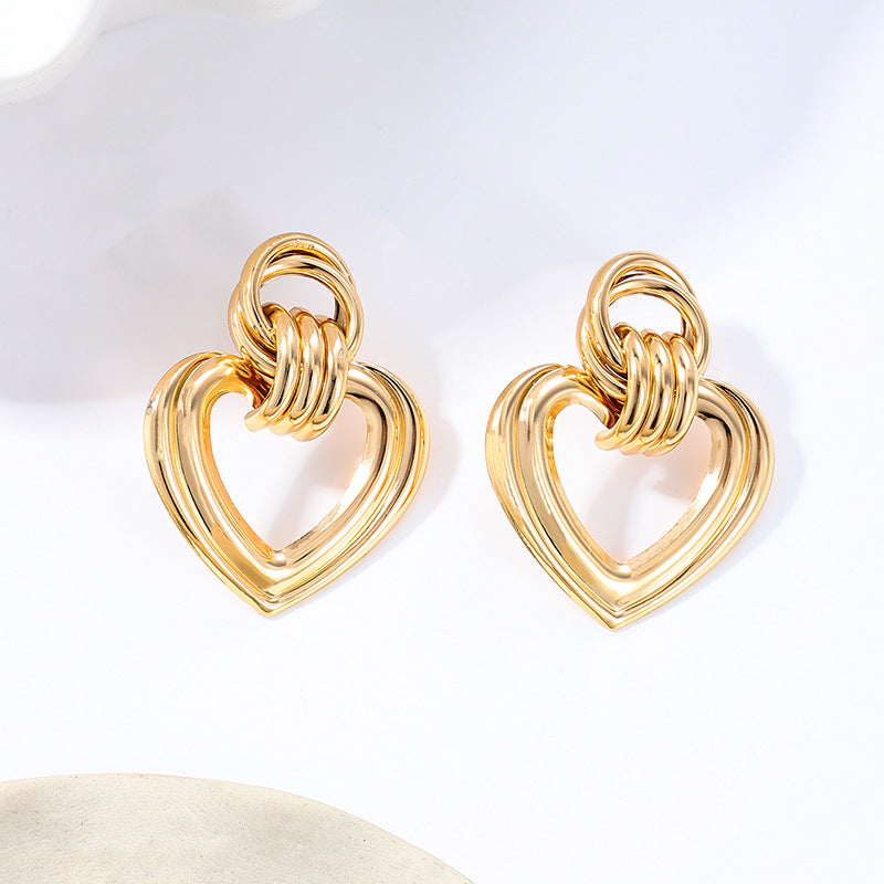 Chunky Open Heart Drop Earrings - Gold - 1
