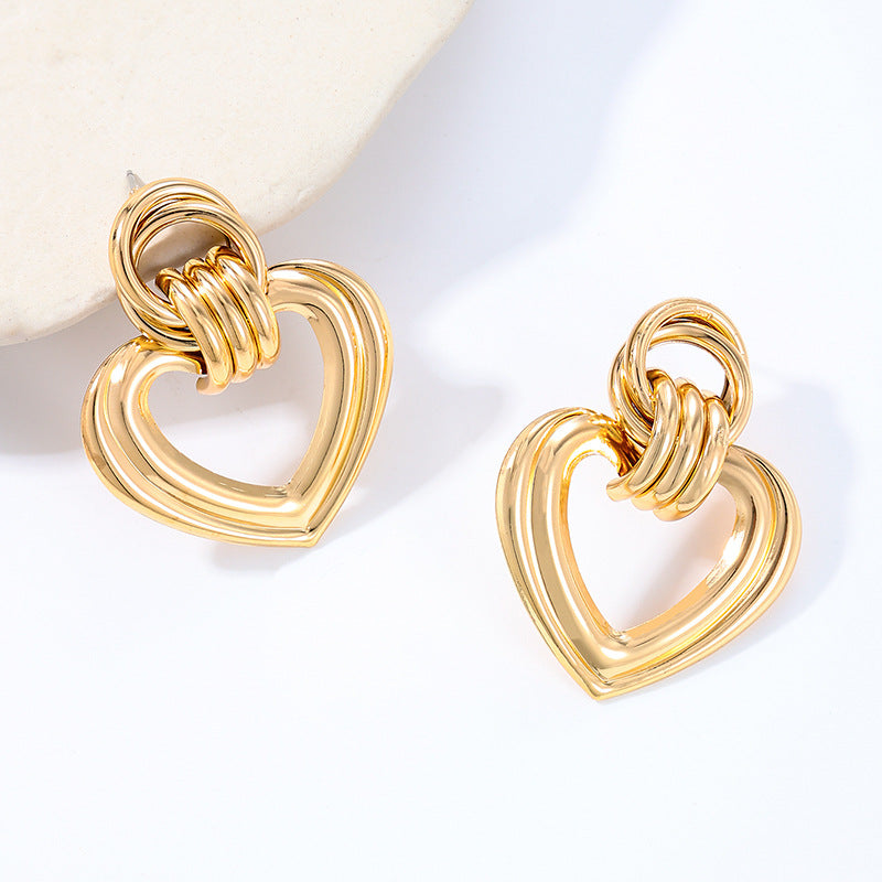 Chunky Open Heart Drop Earrings - Gold - 2