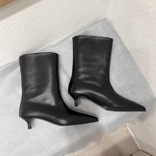 Black Pointed Toe Kitten Heel Ankle Boots - Black