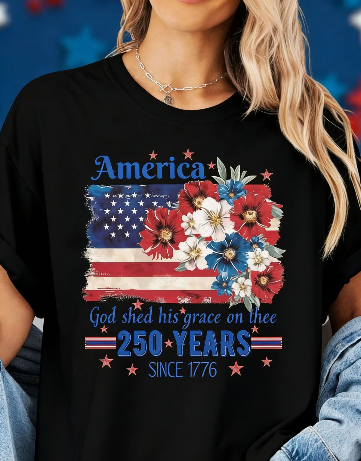 Patriotic Floral Flag Graphic Cotton Tee - Black