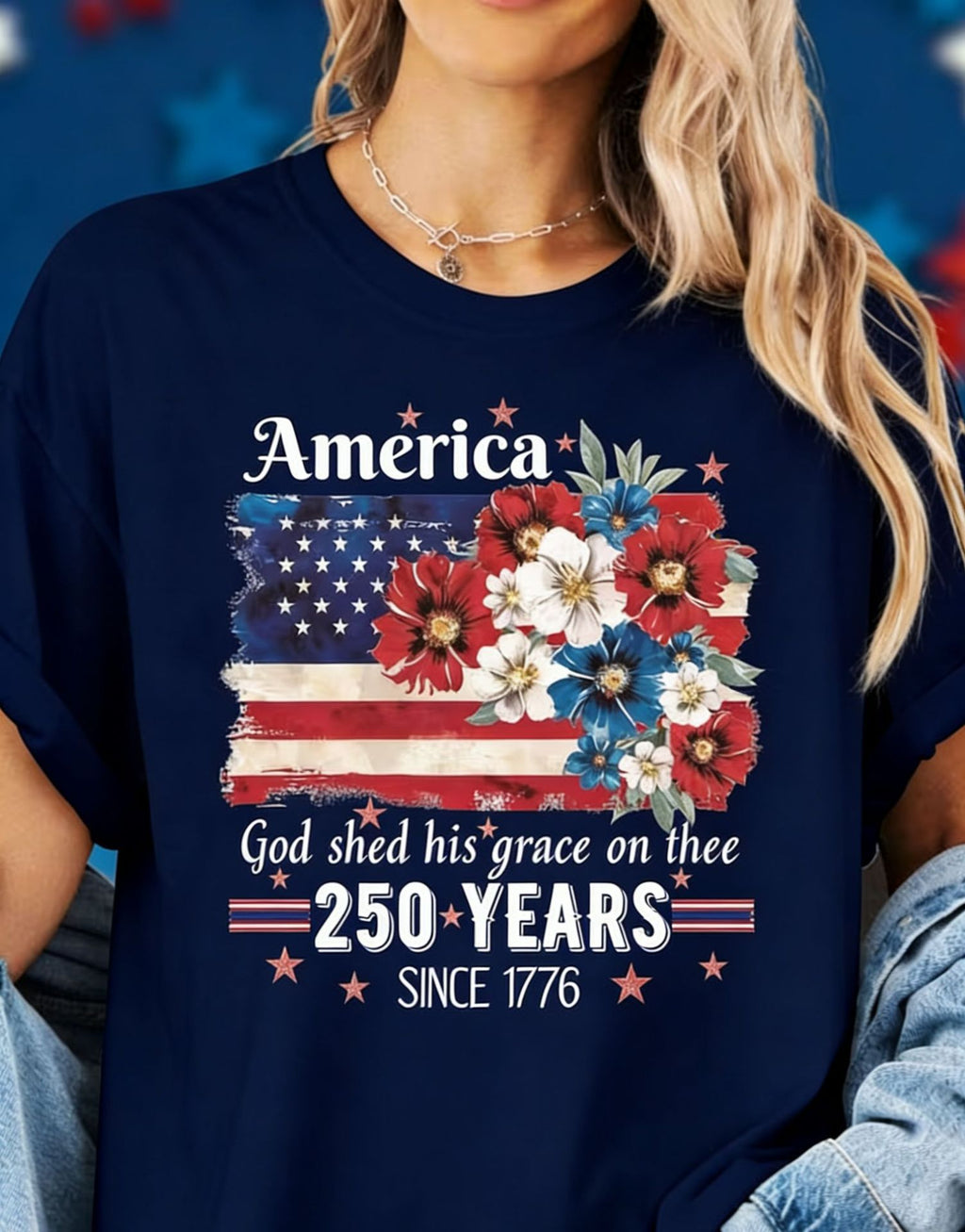 Patriotic Floral Flag Graphic Cotton Tee - Navy