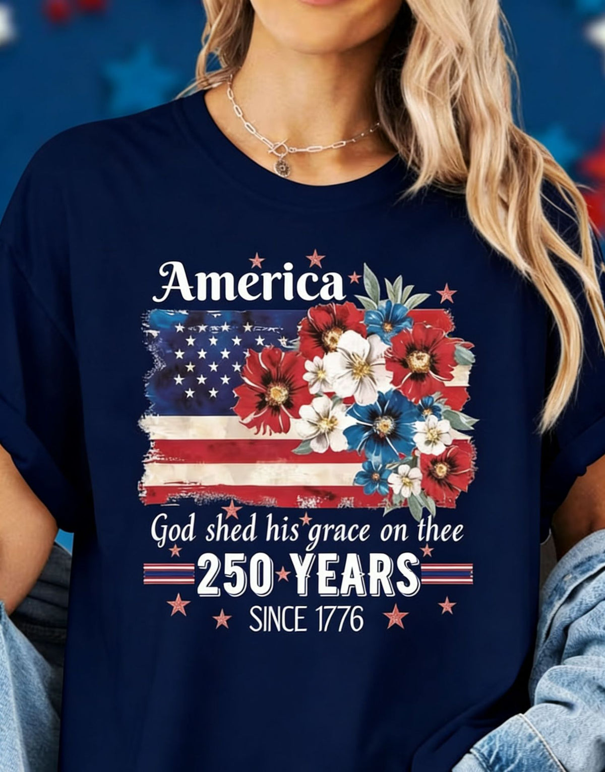 Patriotic Floral Flag Graphic Cotton Tee - Navy