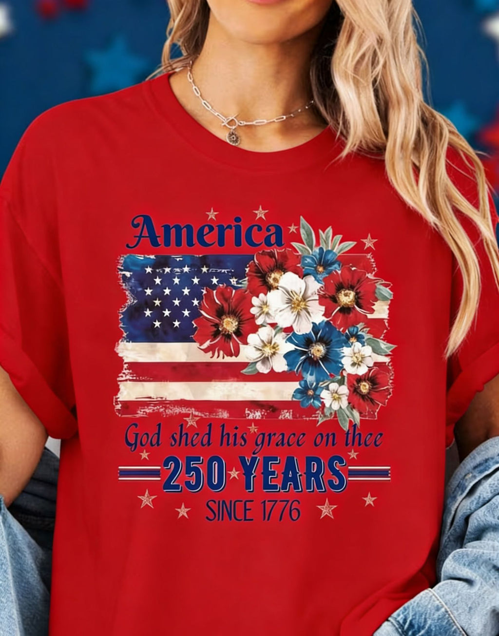 Patriotic Floral Flag Graphic Cotton Tee - Red