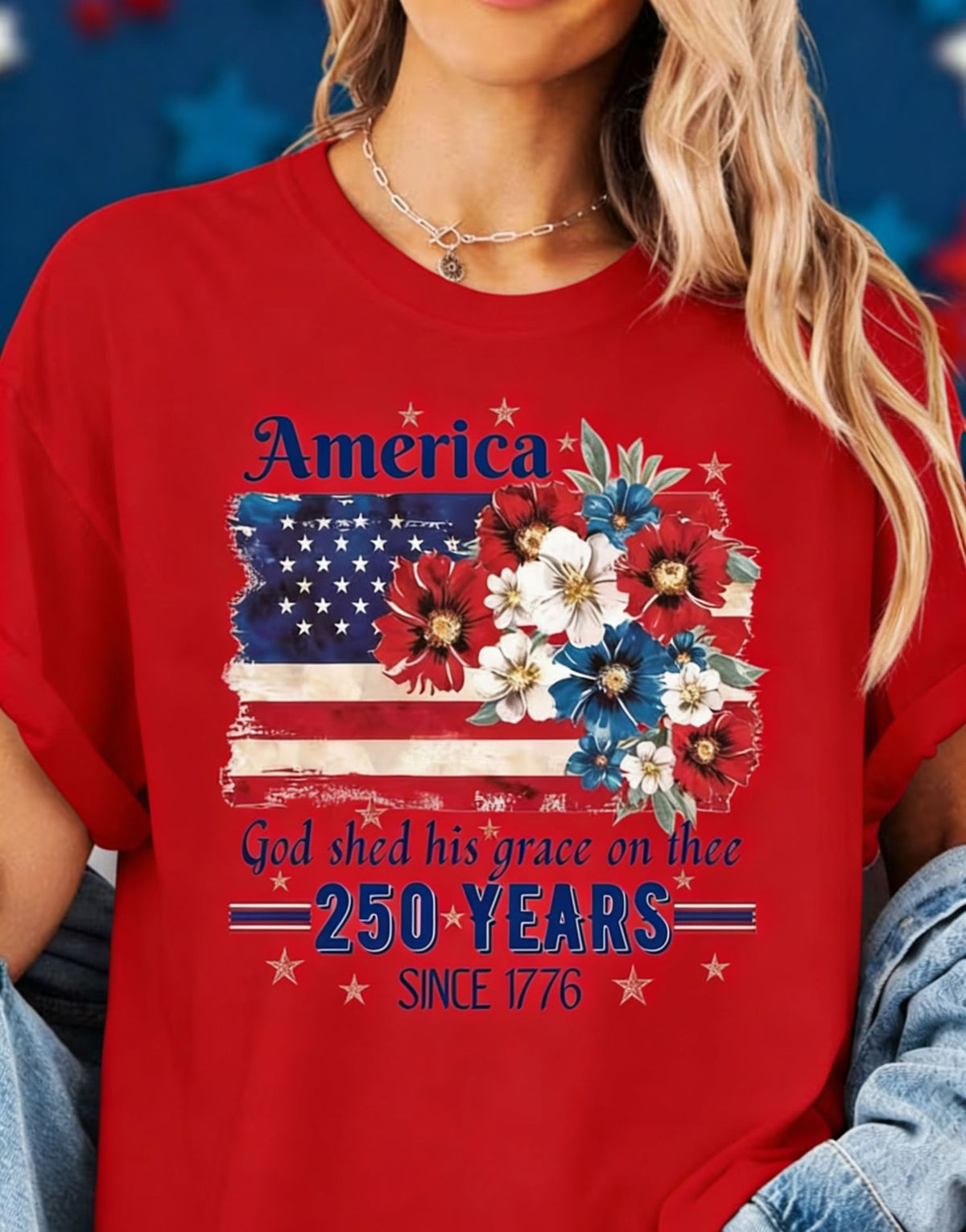 Patriotic Floral Flag Graphic Cotton Tee - Red