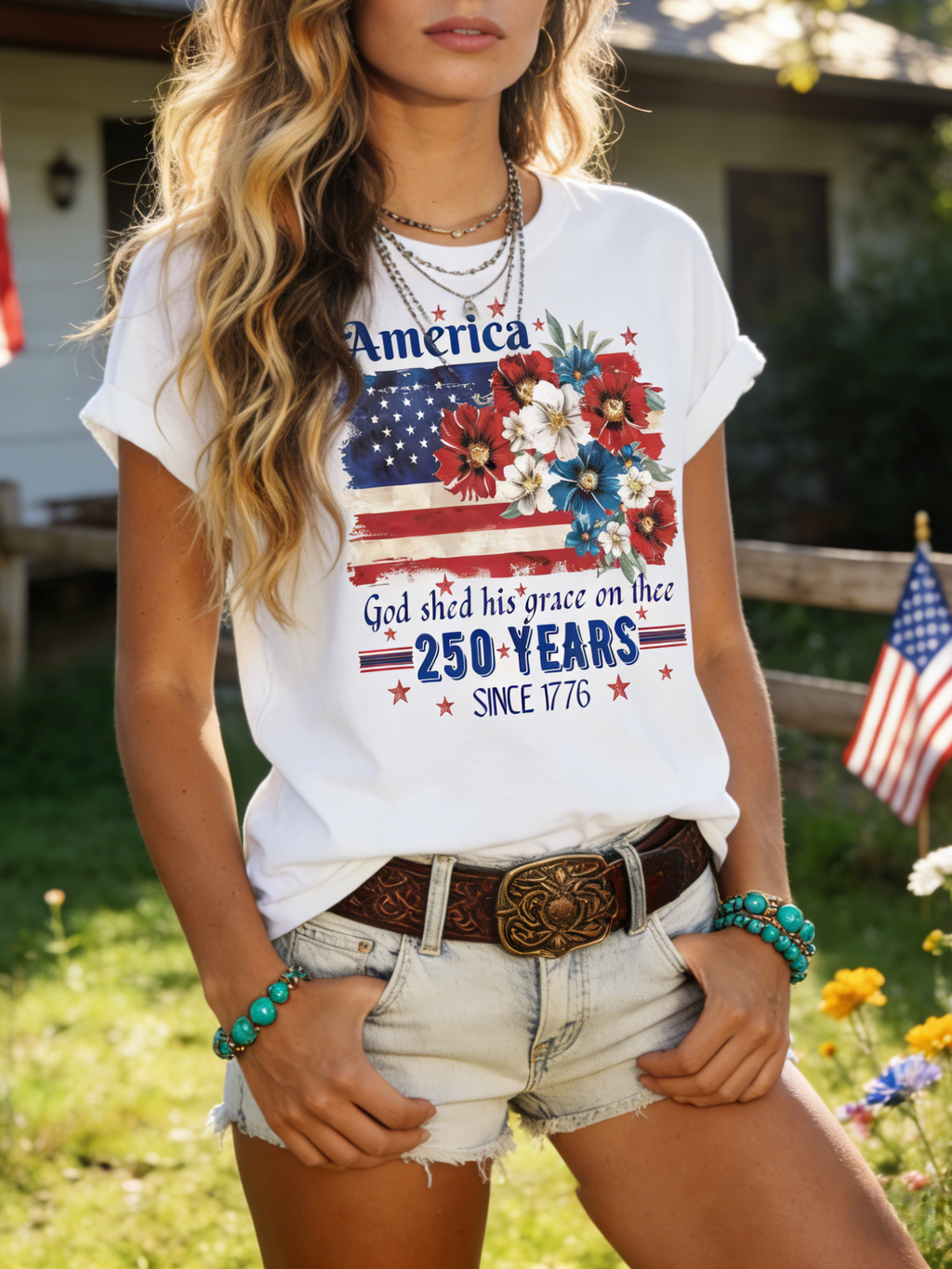 Patriotic Floral Flag Graphic Cotton Tee - White