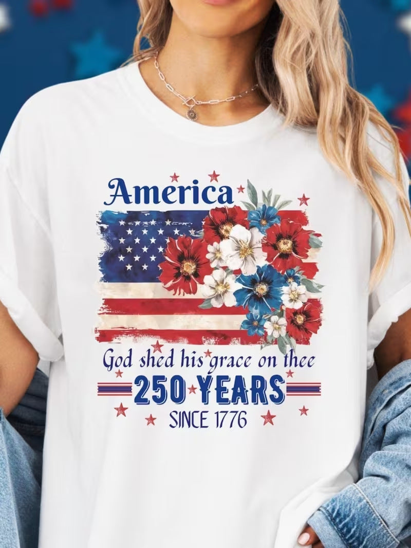 Patriotic Floral Flag Graphic Cotton Tee - White - 1