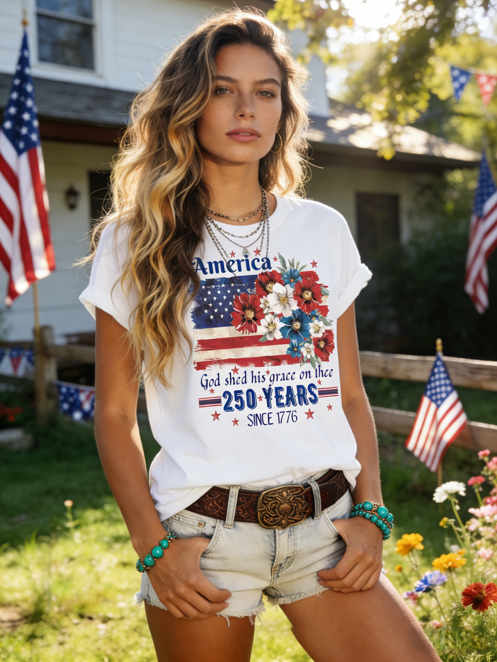 Patriotic Floral Flag Graphic Cotton Tee - view 1