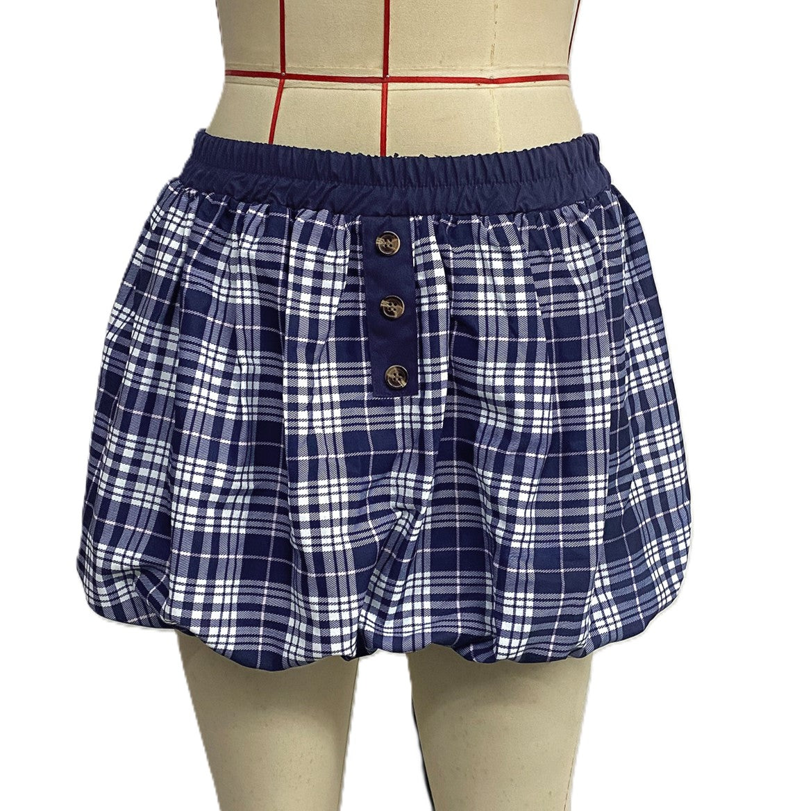Y2K Plaid Bubble Hem Mini Skirt - Darkblue