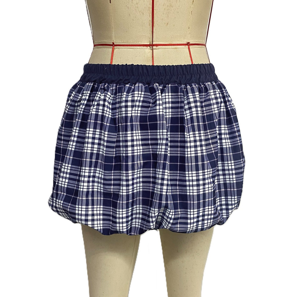 Y2K Plaid Bubble Hem Mini Skirt - Darkblue - 1