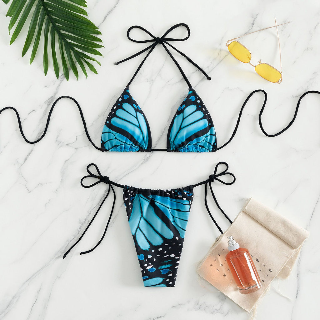 Butterfly Wing Print String Bikini Set - Blue - 7