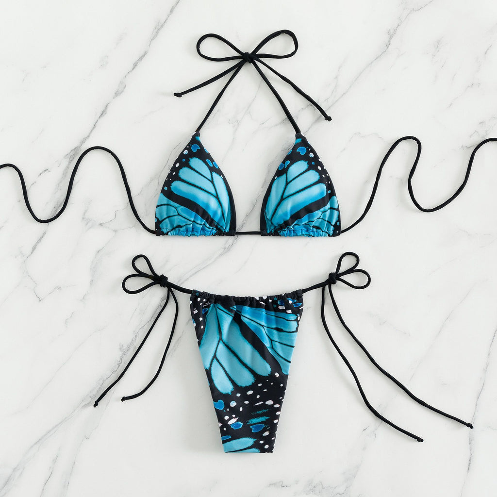 Butterfly Wing Print String Bikini Set - Blue - 8