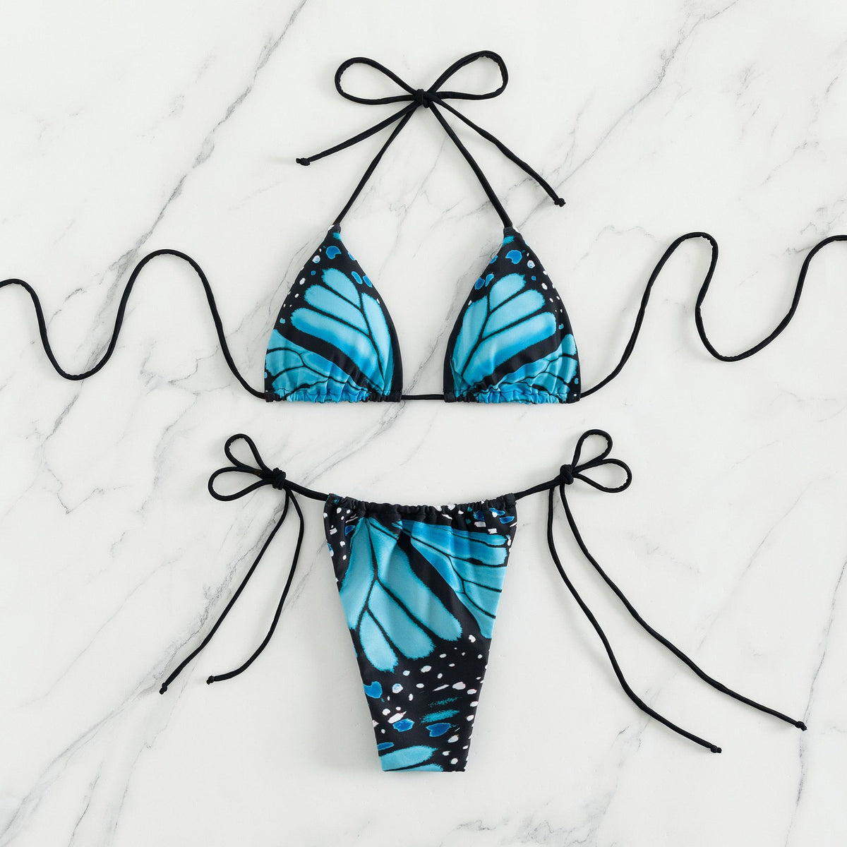 Butterfly Wing Print String Bikini Set - Blue - 8