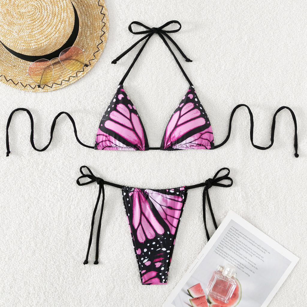 Butterfly Wing Print String Bikini Set - Purple - 3