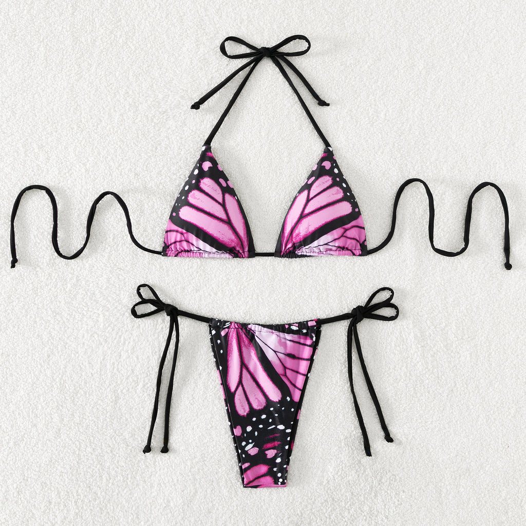Butterfly Wing Print String Bikini Set - Purple - 4