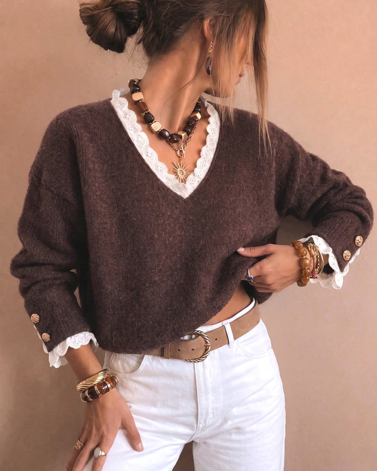Coffee Brushed Knit Lace V-Neck Button Cuff Sweater - Coffee