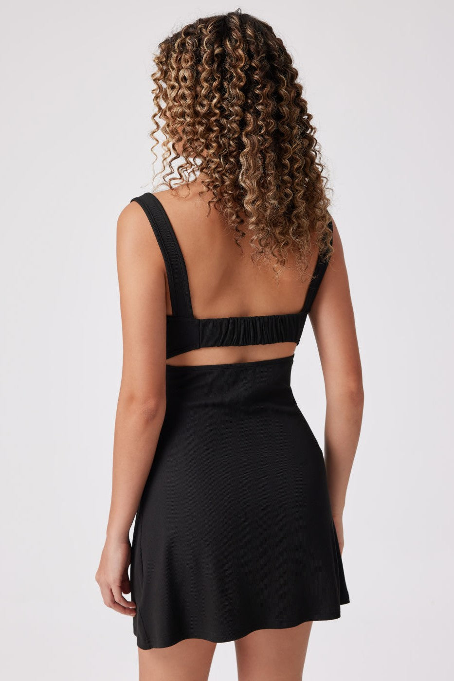 Ruched Square Neck Open Back Mini Dress - Black - 1