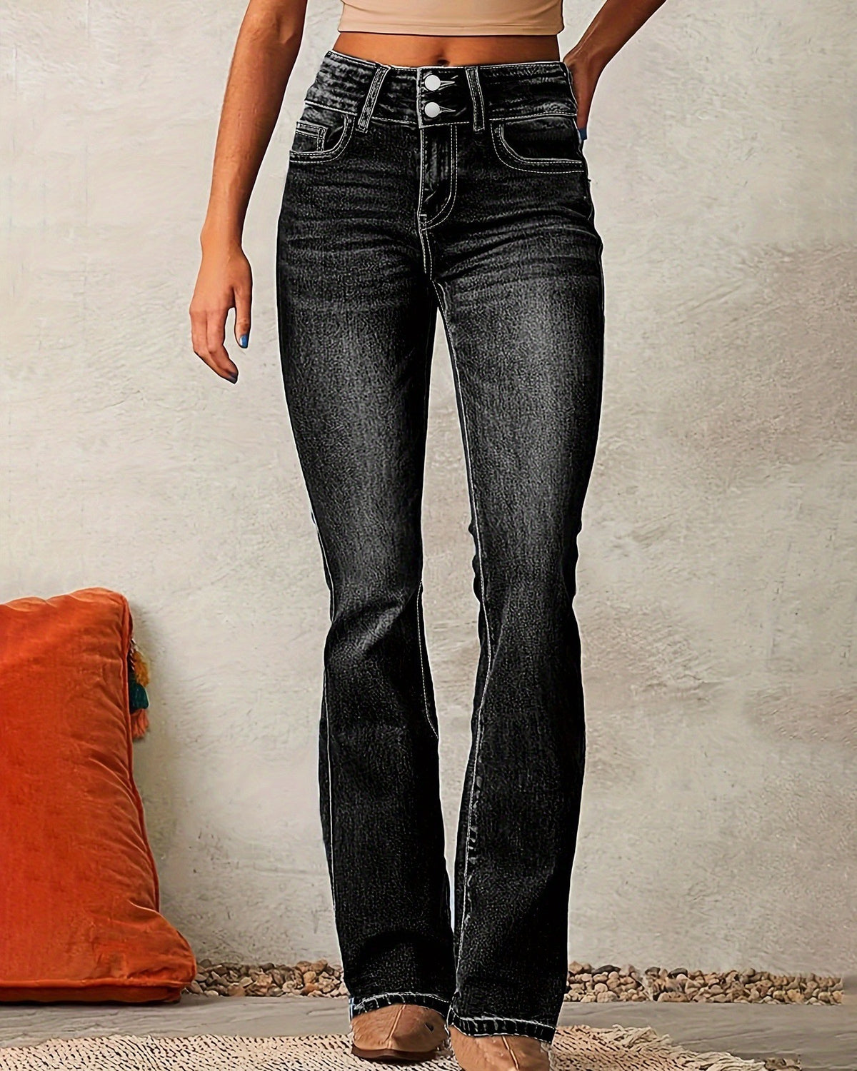Faded Slim Fit Flare Leg Stretch Jeans - Black