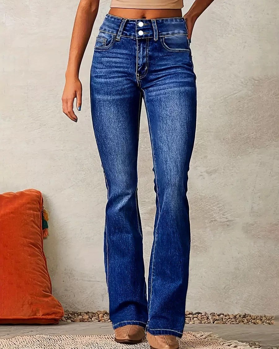 Faded Slim Fit Flare Leg Stretch Jeans - Dark-Blue