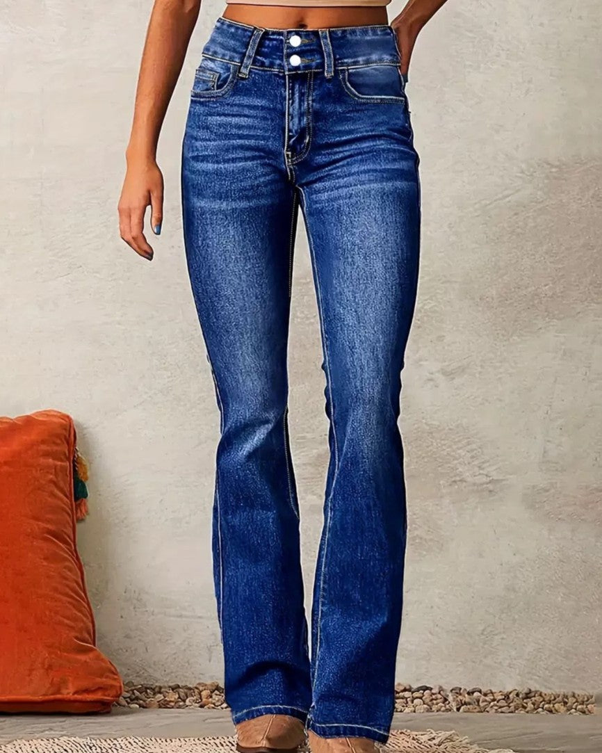 Faded Slim Fit Flare Leg Stretch Jeans - Dark-Blue - 1