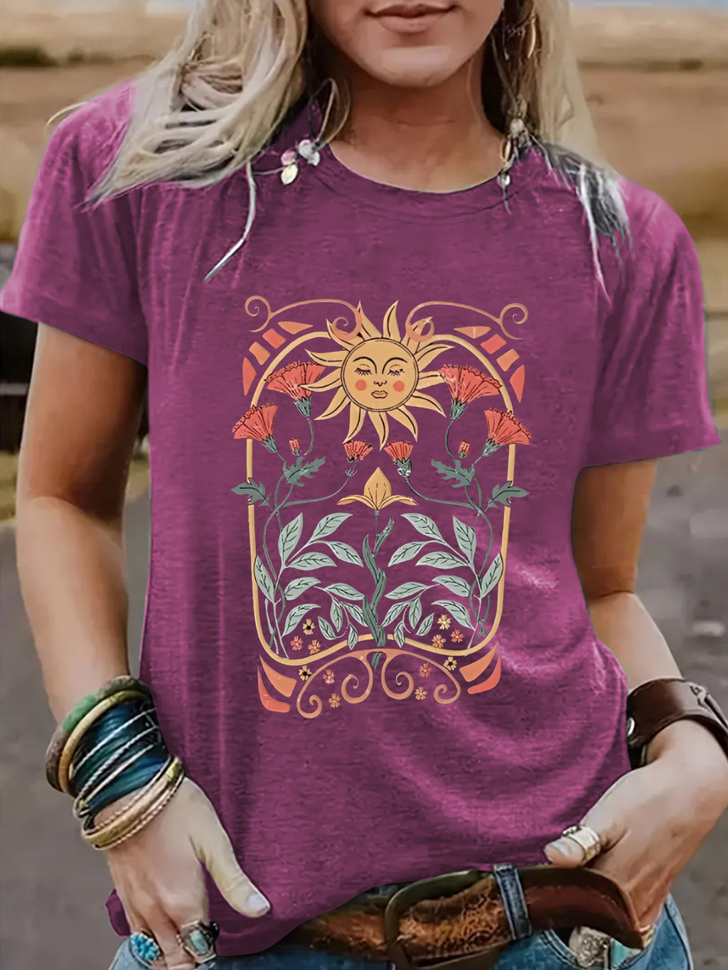 Boho Sunburst Floral Print Short Sleeve Tee - Berry