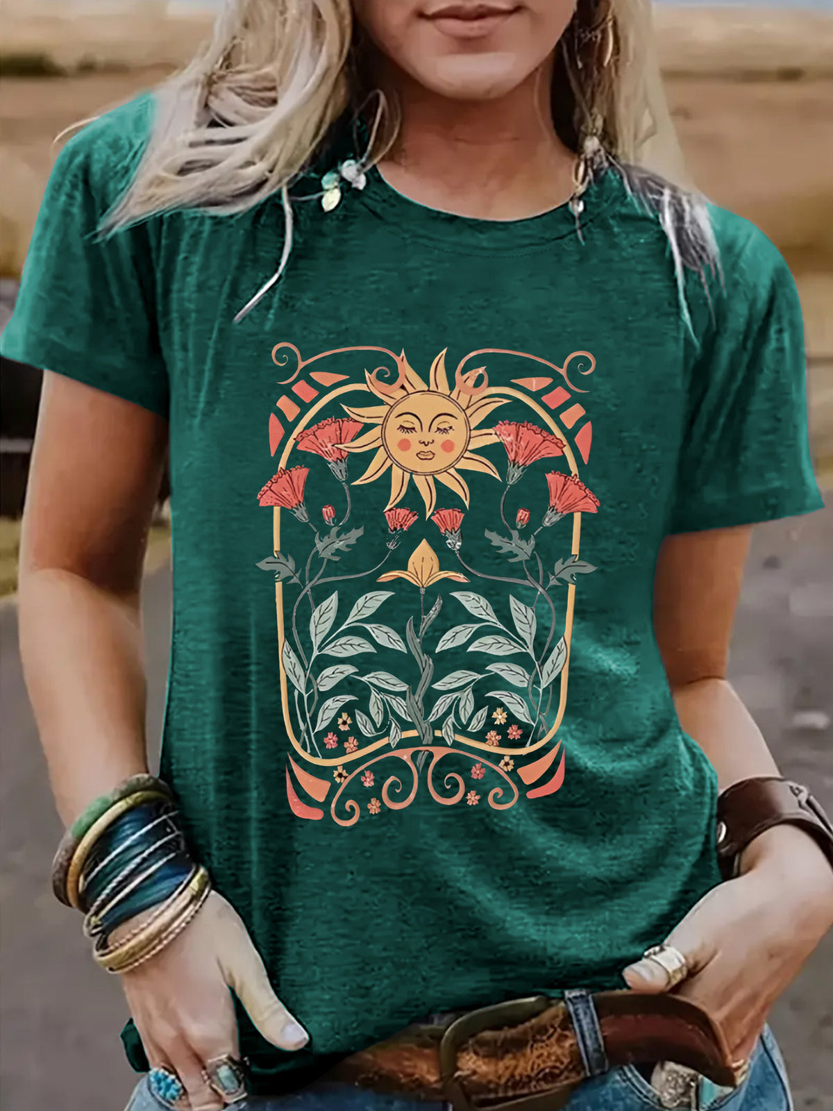Boho Sunburst Floral Print Short Sleeve Tee - Green