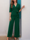 Surplice V Neck Tie Waist Wide Leg Jumpsuit - Darkgreen