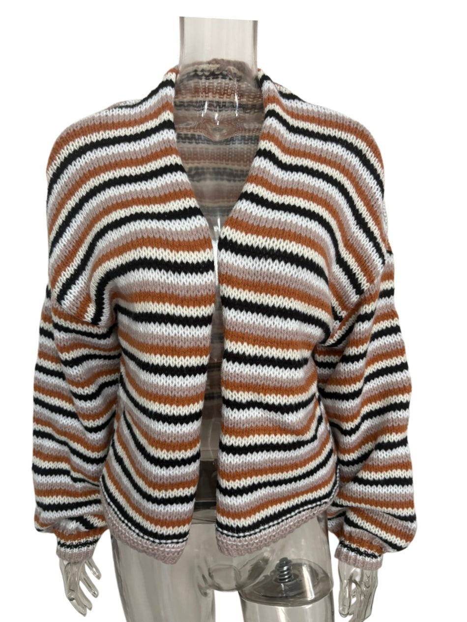 Boho Striped Open-Front Balloon-Sleeve Knit Cardigan - Coffee