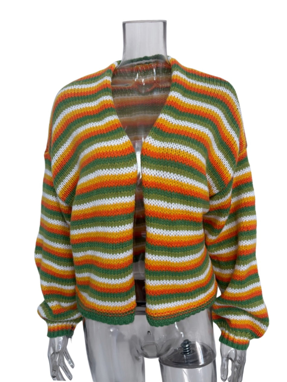 Boho Striped Open-Front Balloon-Sleeve Knit Cardigan - Green - 2
