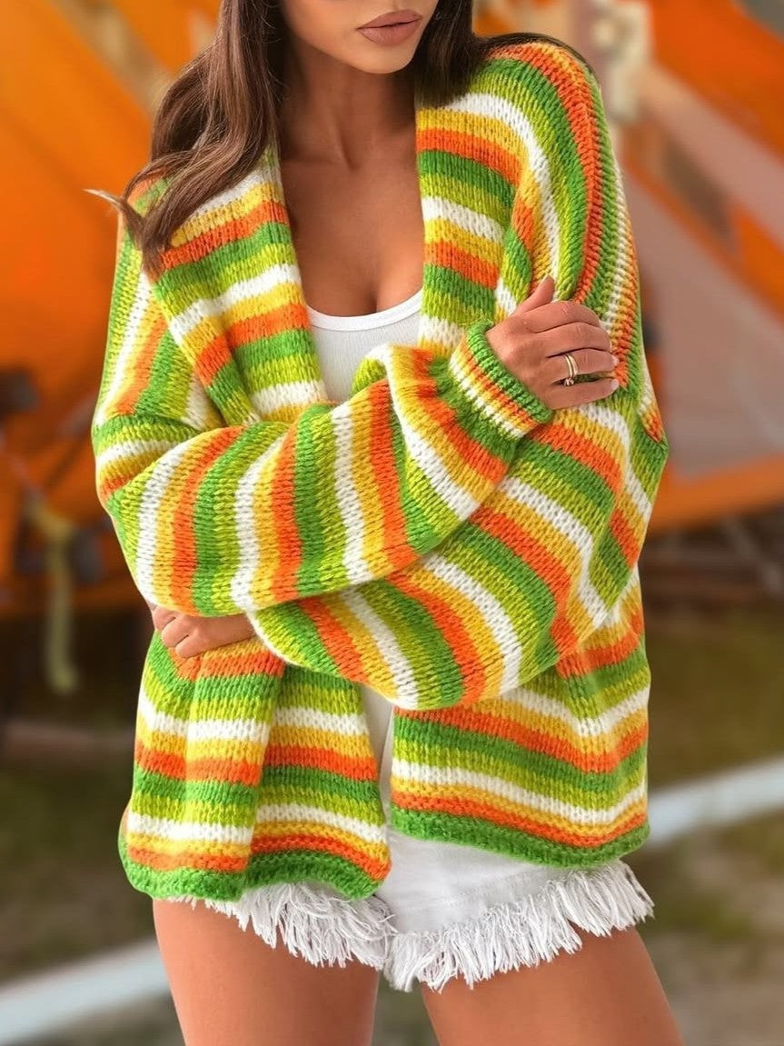 Boho Striped Open-Front Balloon-Sleeve Knit Cardigan - Green - 3
