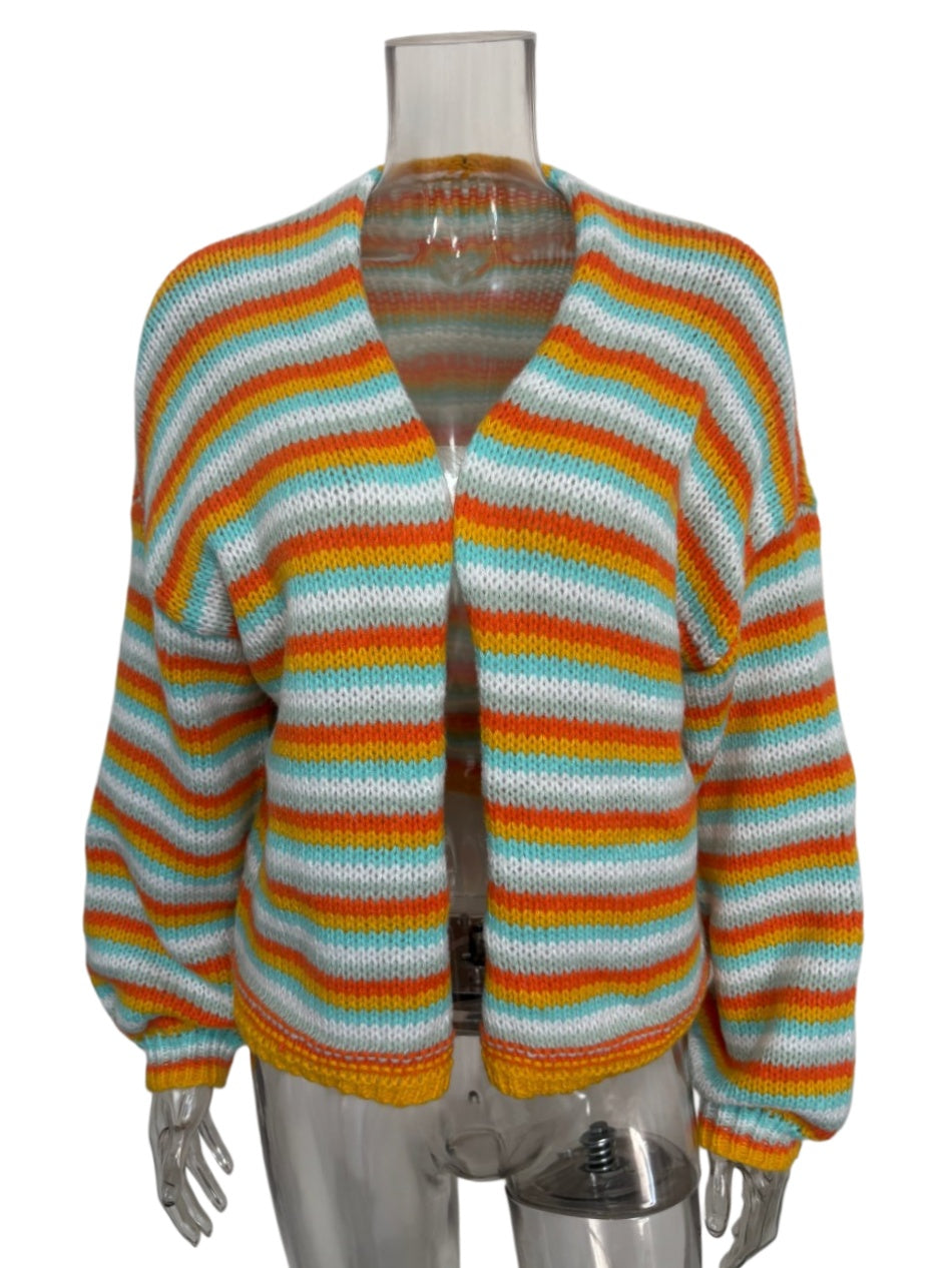 Boho Striped Open-Front Balloon-Sleeve Knit Cardigan - Orange