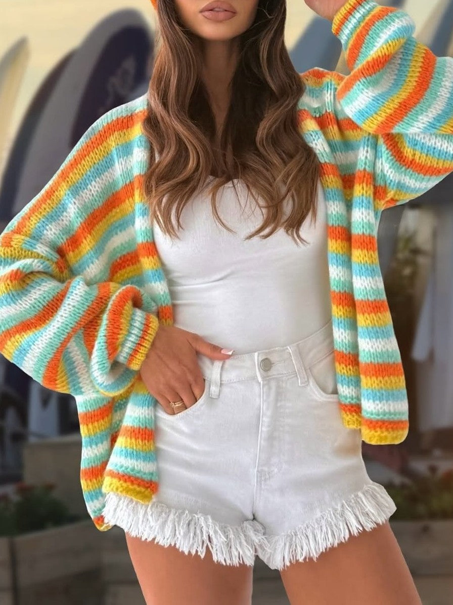 Boho Striped Open-Front Balloon-Sleeve Knit Cardigan - Orange - 3