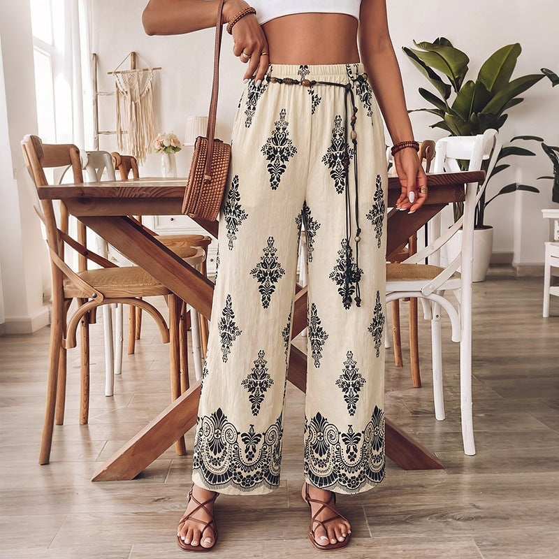 Medallion Border Print Palazzo Pants - Apricot