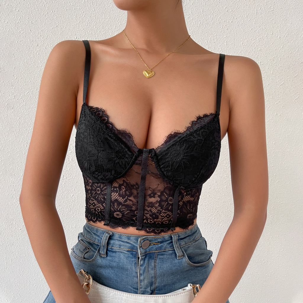 Eyelash Lace Bustier Corset Crop Top - Black - 1
