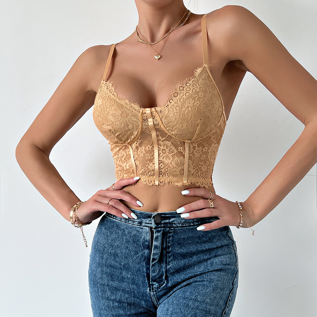 Eyelash Lace Bustier Corset Crop Top - Khaki