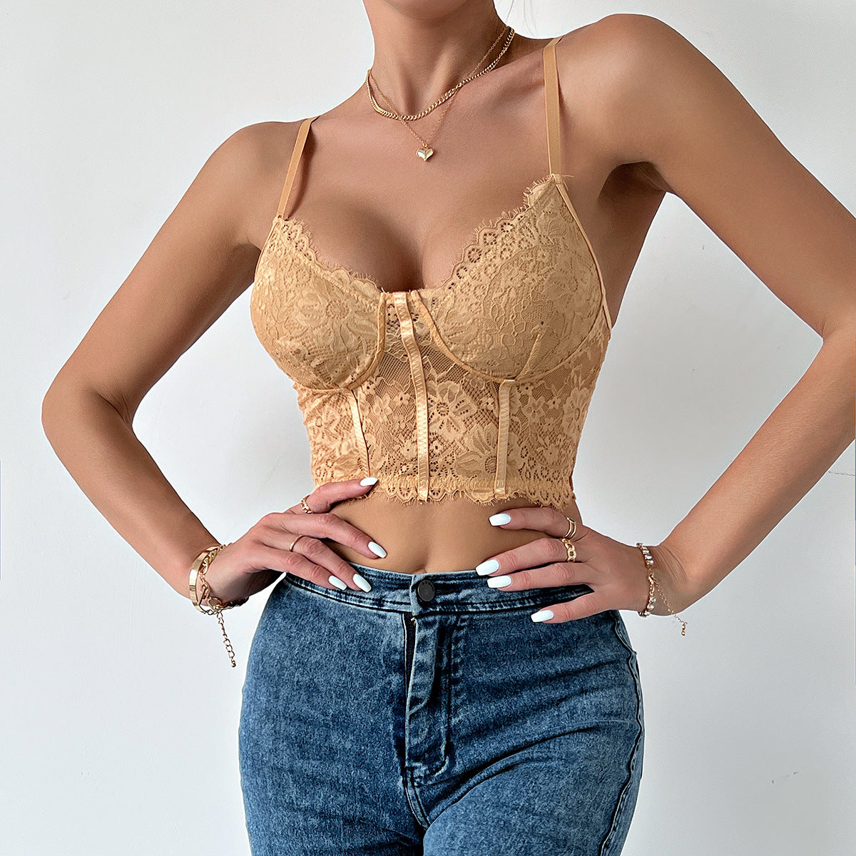 Eyelash Lace Bustier Corset Crop Top - Khaki