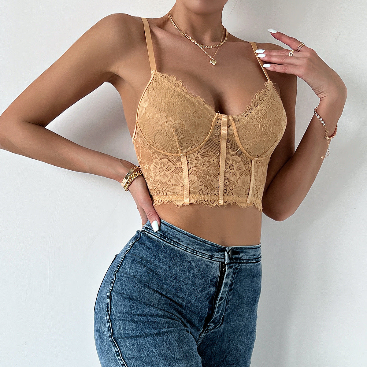 Eyelash Lace Bustier Corset Crop Top - Khaki - 1