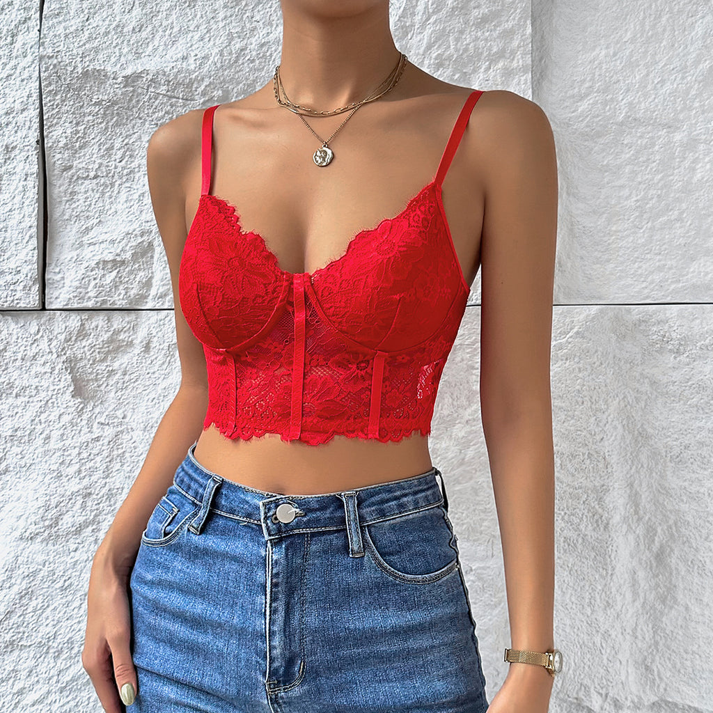 Eyelash Lace Bustier Corset Crop Top - Red - 1