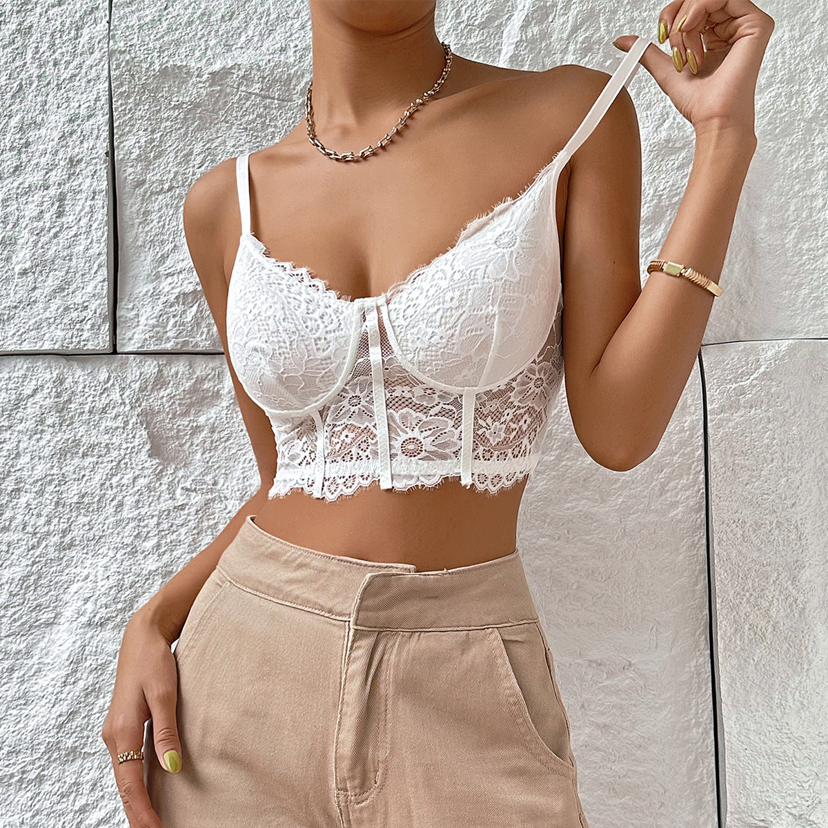 Eyelash Lace Bustier Corset Crop Top - White