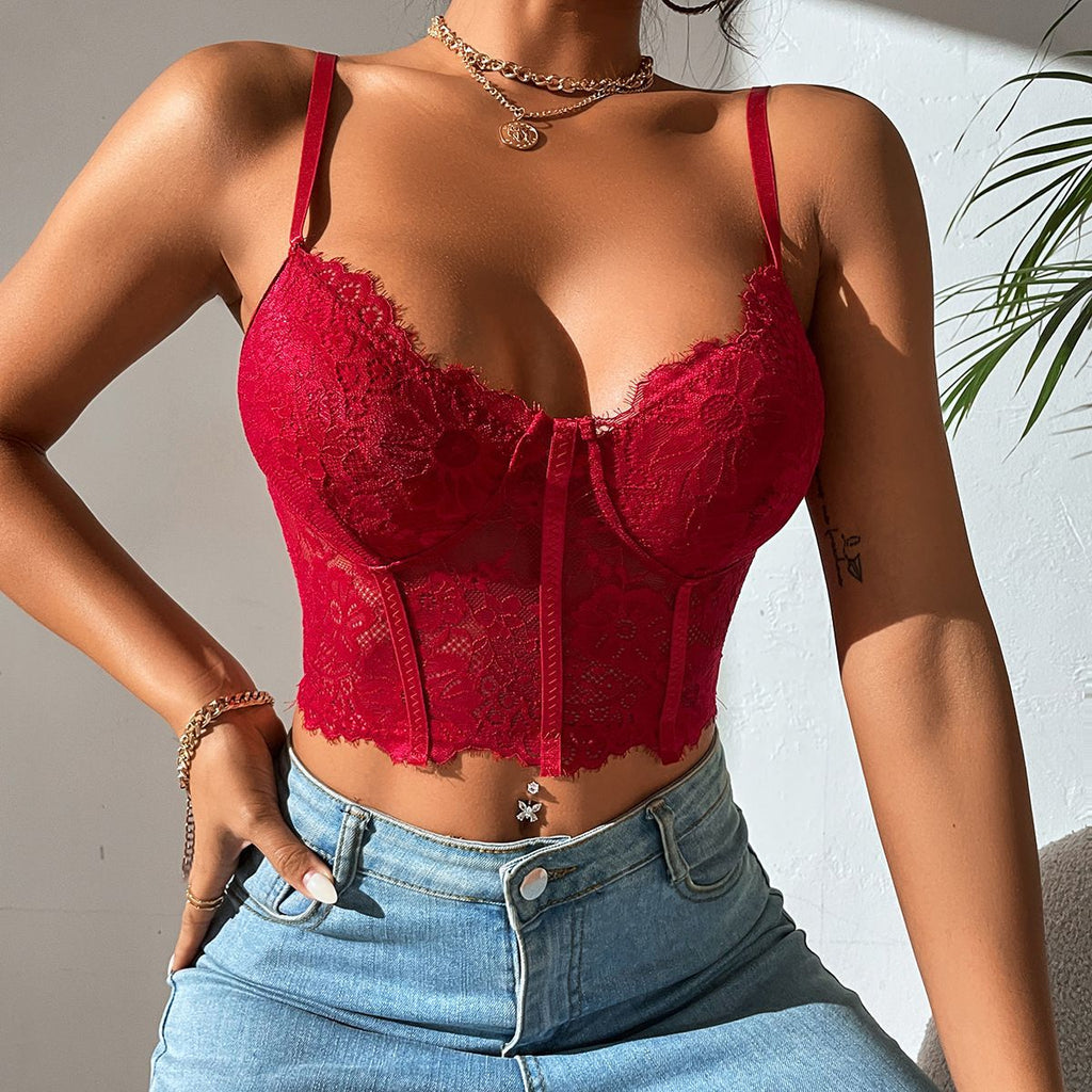 Eyelash Lace Bustier Corset Crop Top - Wine Red