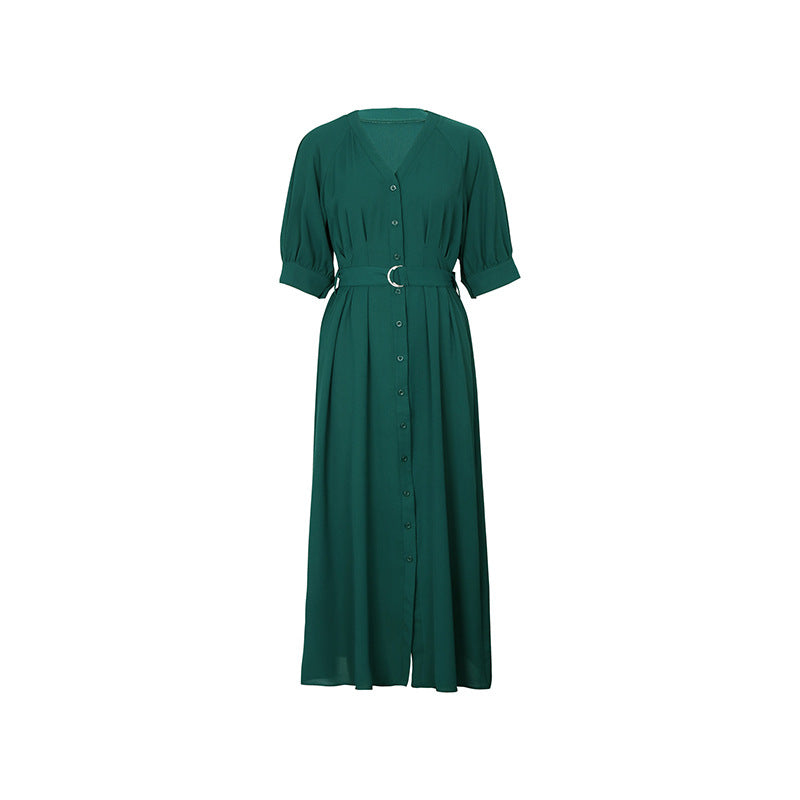 V Neck Belted Button Through Maxi Dress - Green