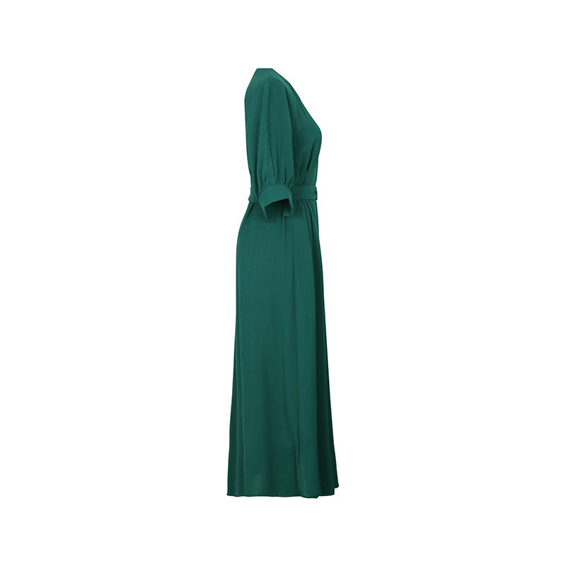 V Neck Belted Button Through Maxi Dress - Green - 1