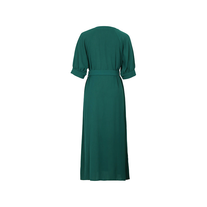 V Neck Belted Button Through Maxi Dress - Green - 2