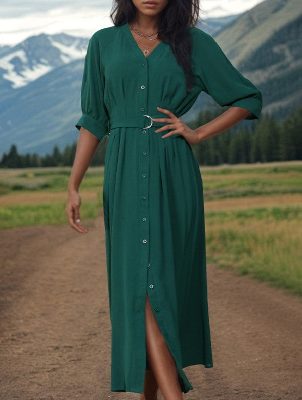 V Neck Belted Button Through Maxi Dress - Green - 3