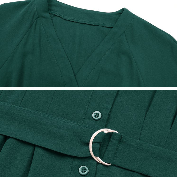 V Neck Belted Button Through Maxi Dress - Green - 5