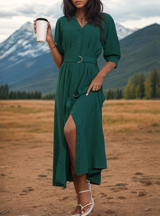 V Neck Belted Button Through Maxi Dress - view 1