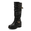 Distressed Faux Leather Buckle Moto Boots - Black