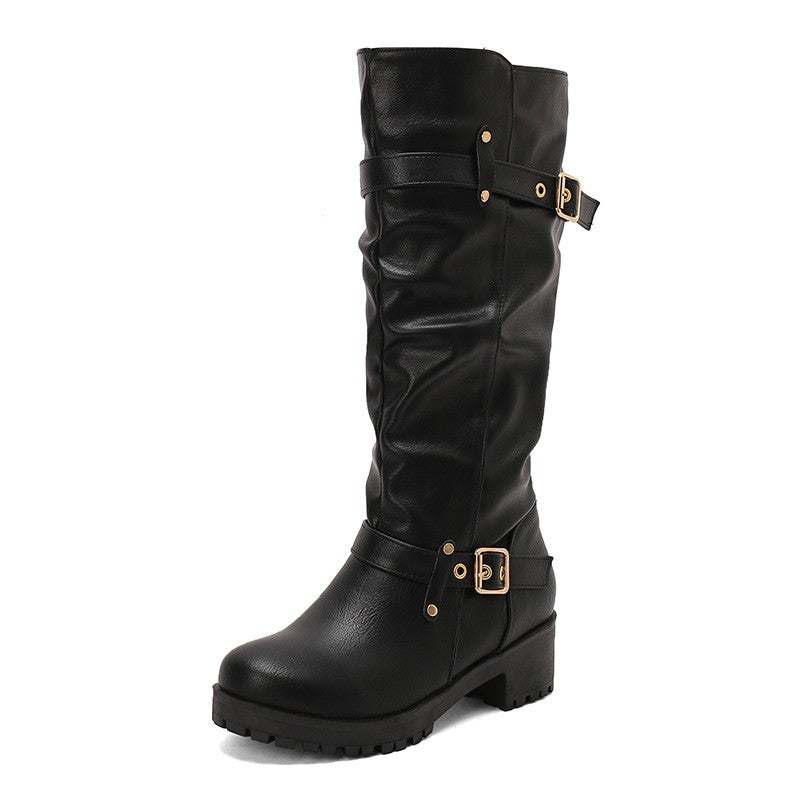Distressed Faux Leather Buckle Moto Boots - Black