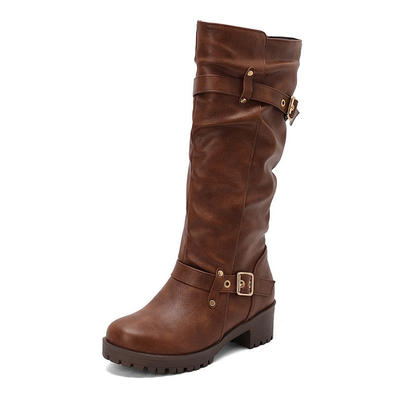 Distressed Faux Leather Buckle Moto Boots - Cognac